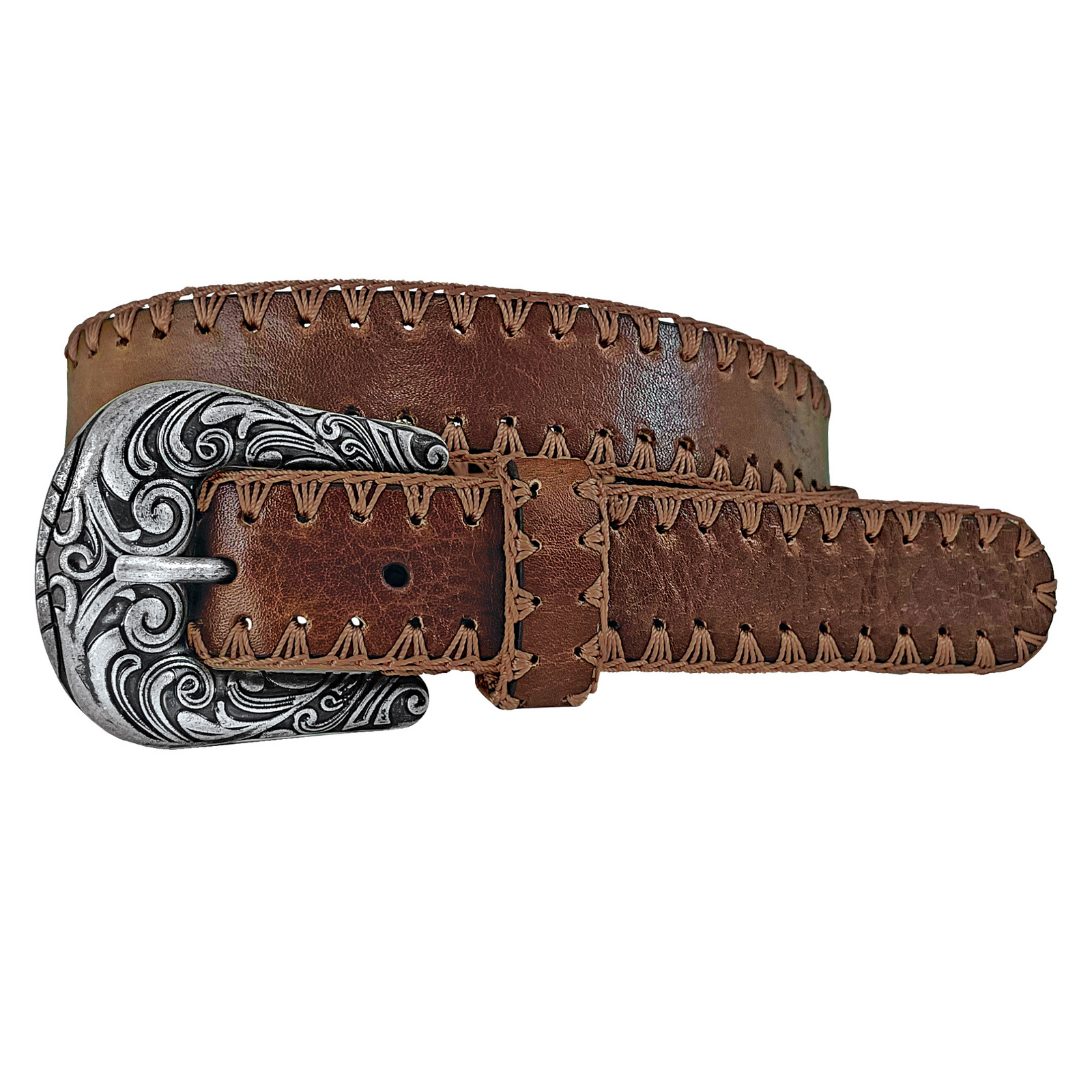 Roper Women's Crochet Edge Western Belt. Brown leather belt with silver buckle on a white background