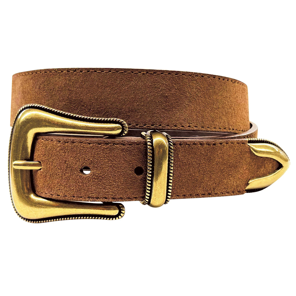 Brown leather belt with a gold buckle on a white background