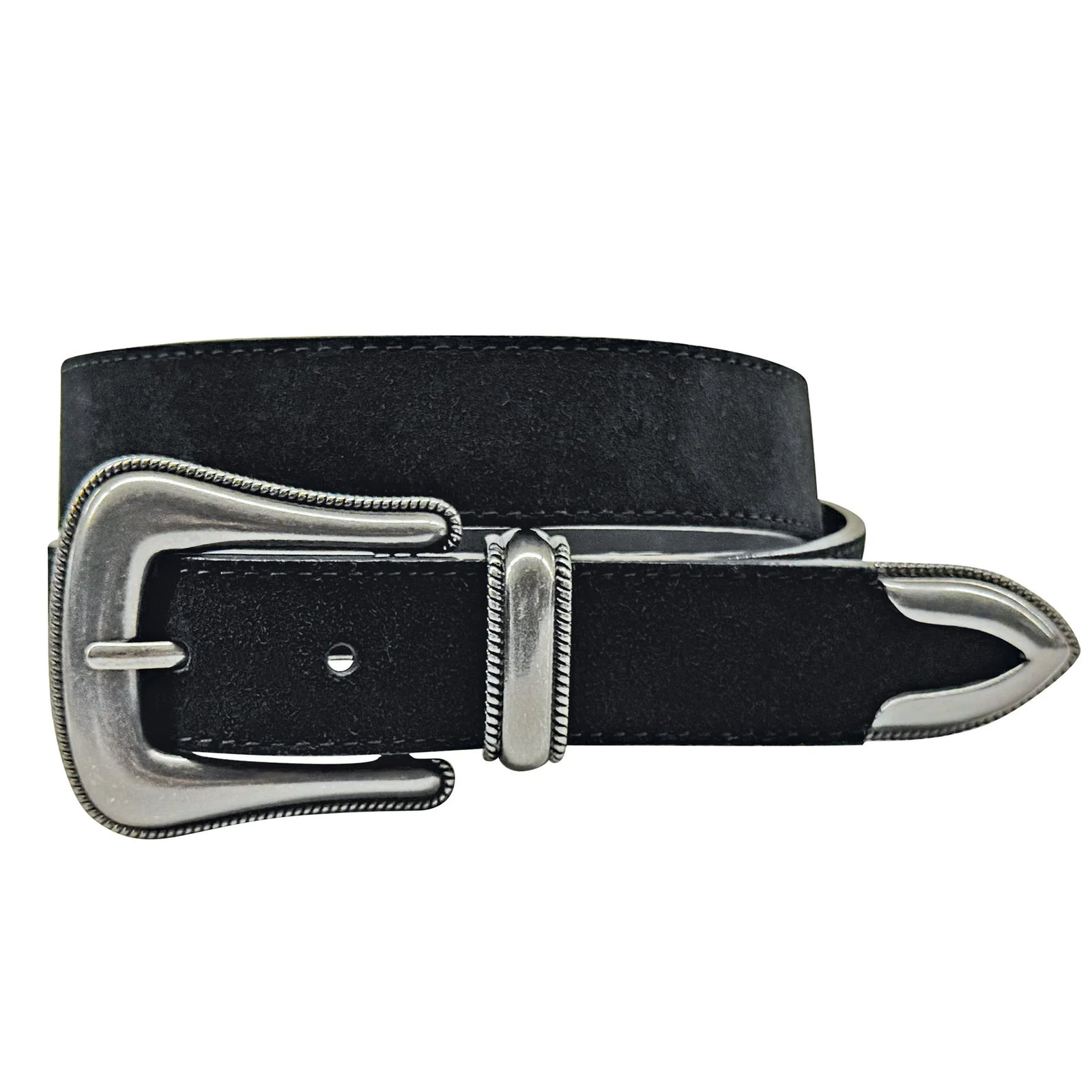 Black belt with silver buckle on a white background
