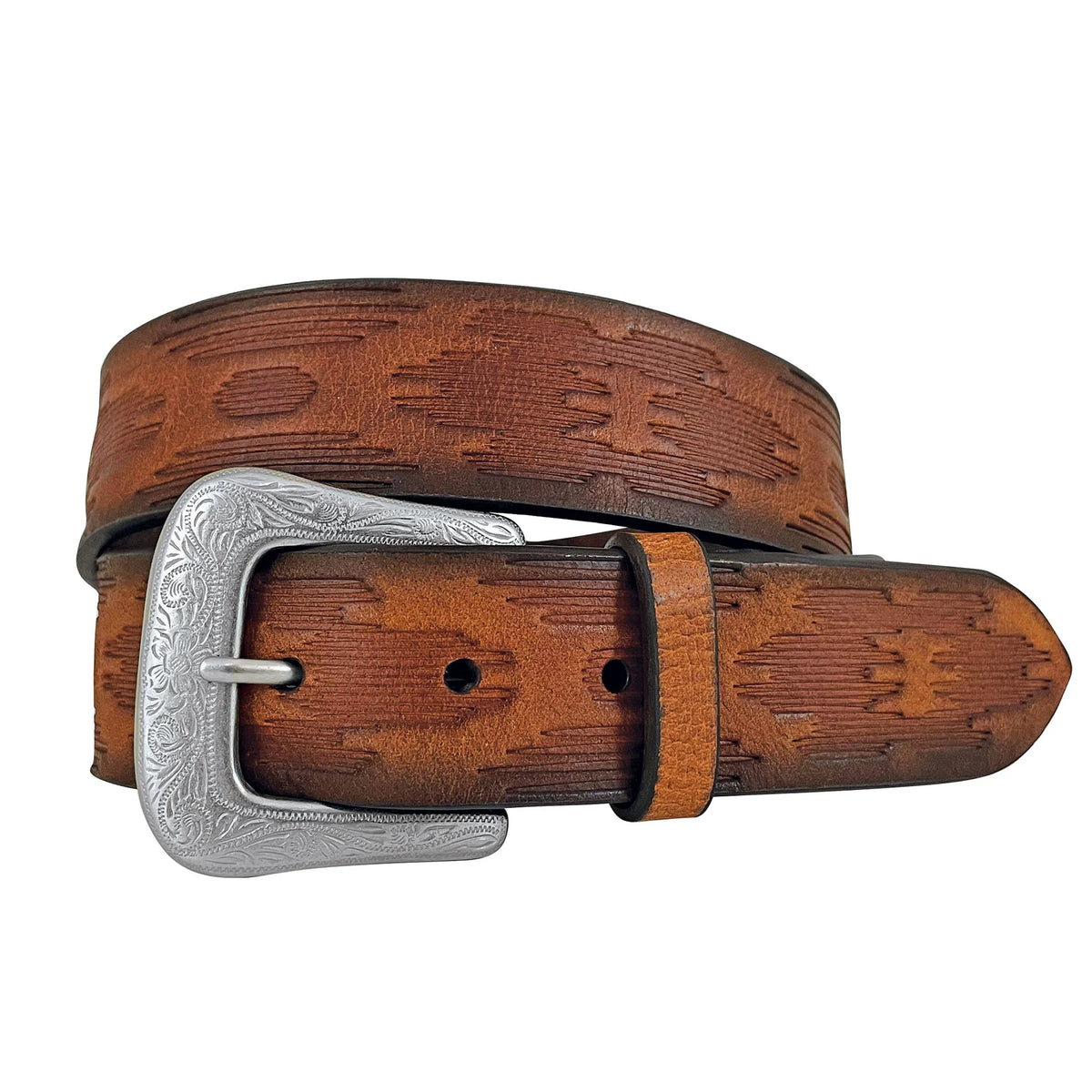 Brown leather belt with silver buckle on a white background