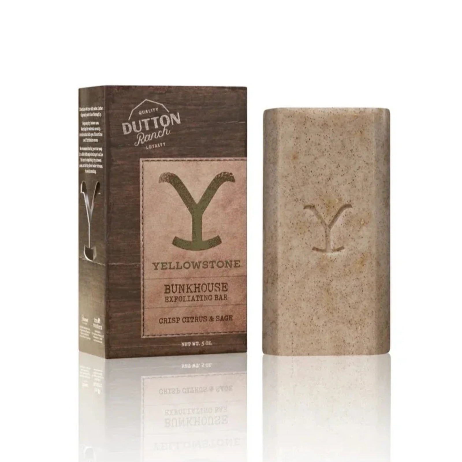 Tru Western Yellowstone Bunkhouse Exfoliating Bar Soap. Bar of soap with packaging featuring the Yellowstone logo on a white background