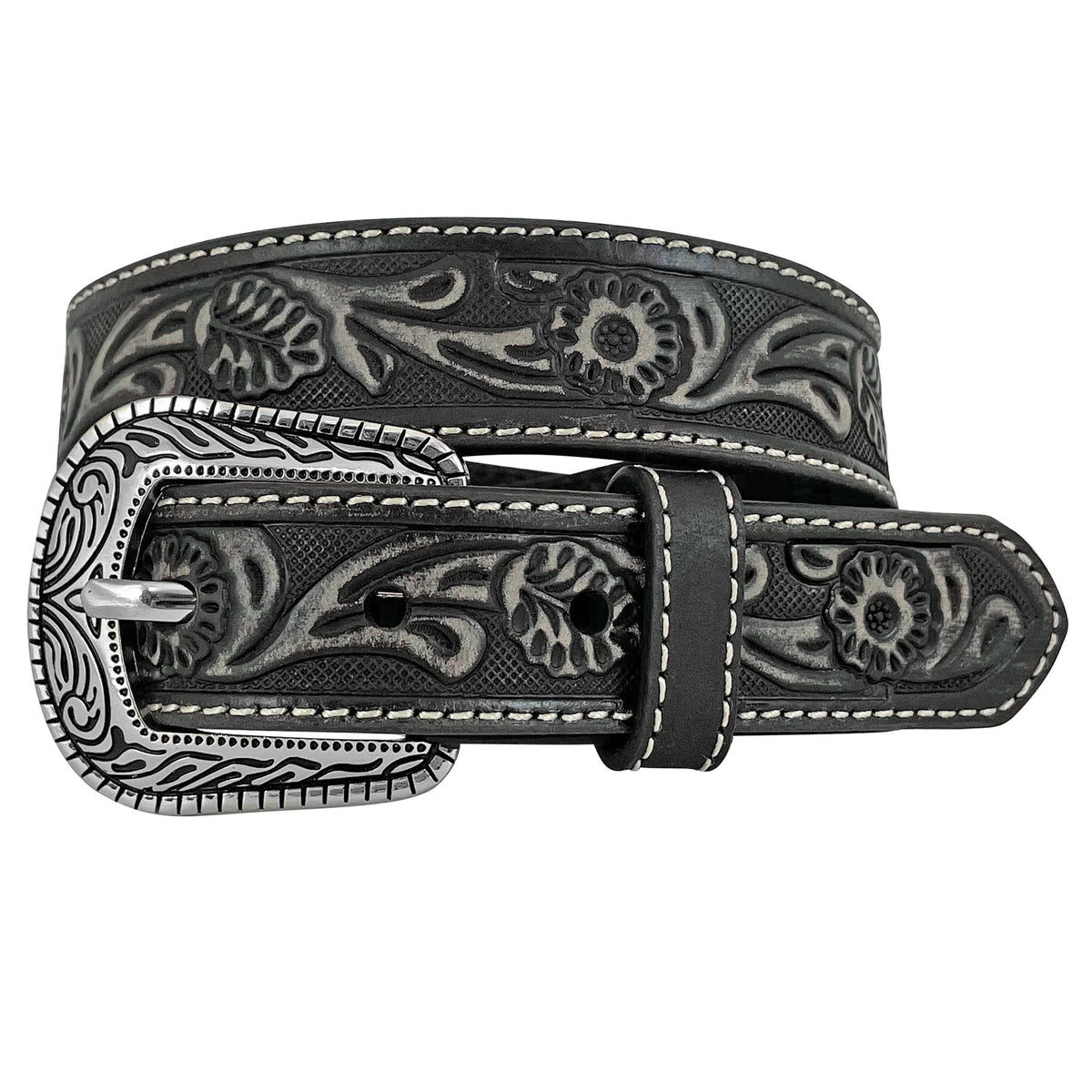 Black leather belt with silver floral embossing on a white background