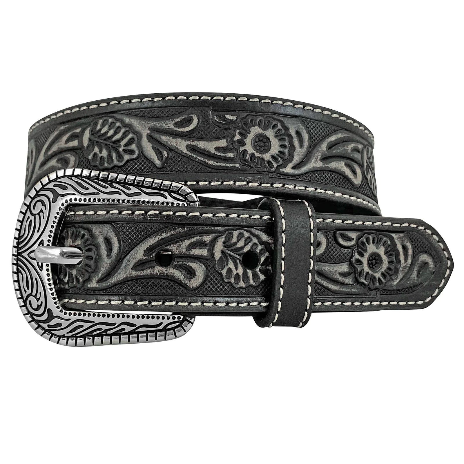 Black leather belt with silver floral embossing on a white background