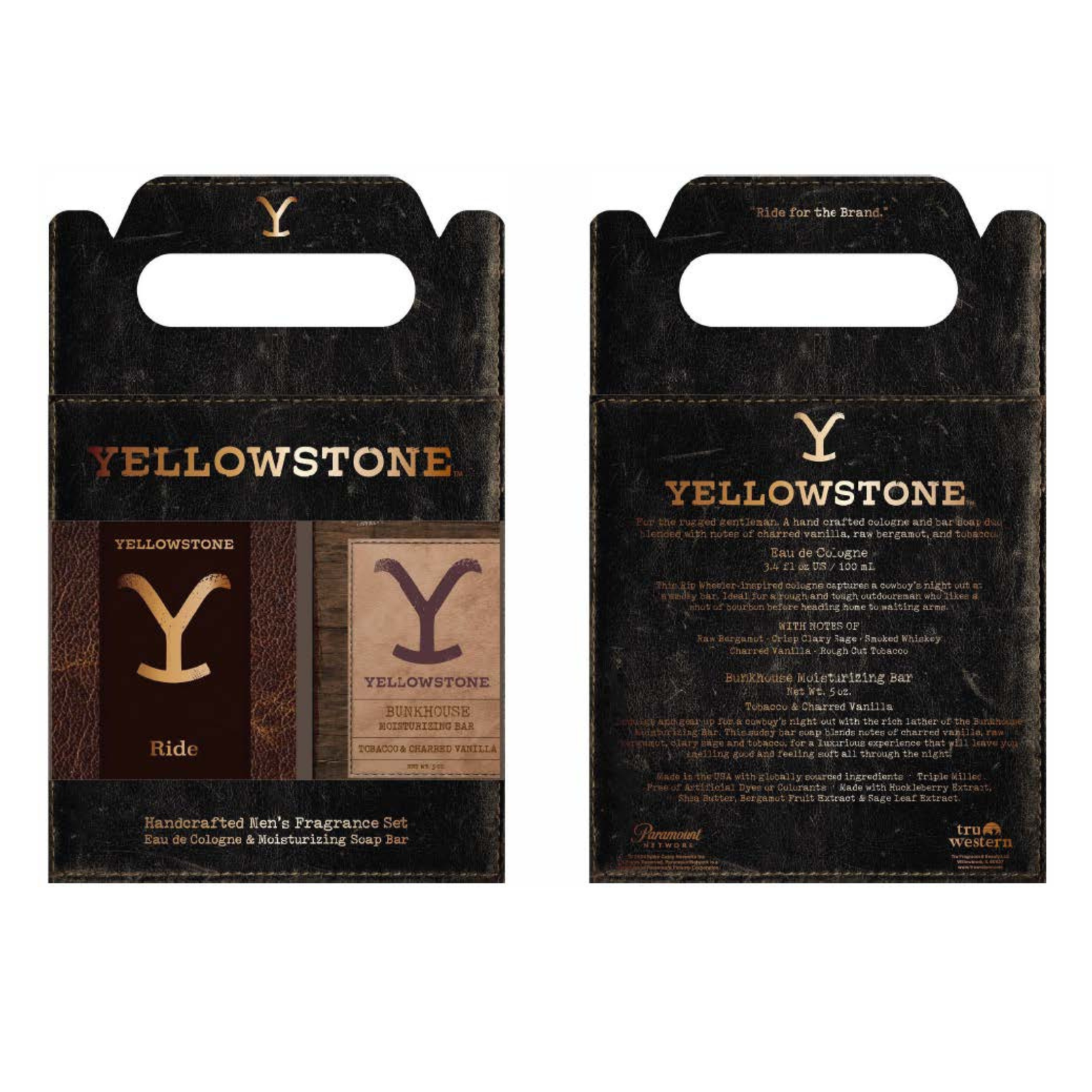 Tru Western Men's Yellowstone Ride Giftset. Two Yellowstone branded packaging sets on a white background