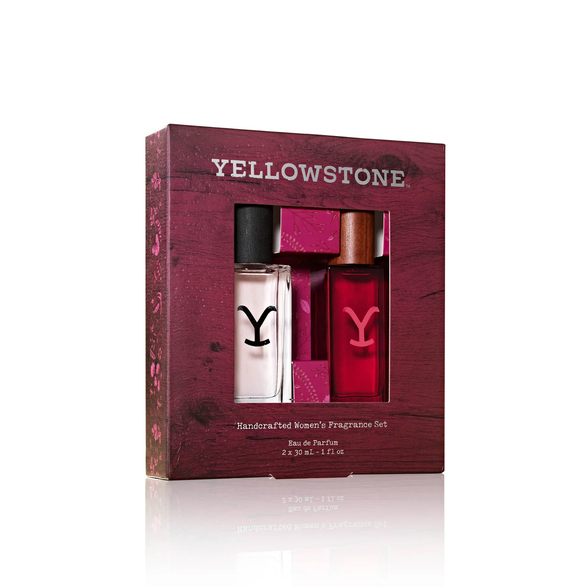 Tru Western Women&#39;s Yellowstone Gift Set. Yellowstone perfume set in a wooden box on a white background
