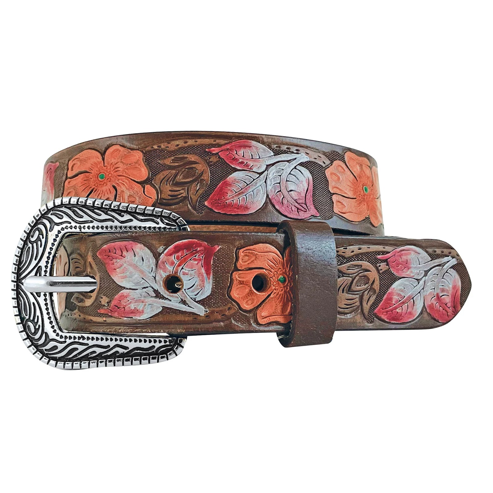 Decorative leather belt with floral patterns and a silver buckle on a white background