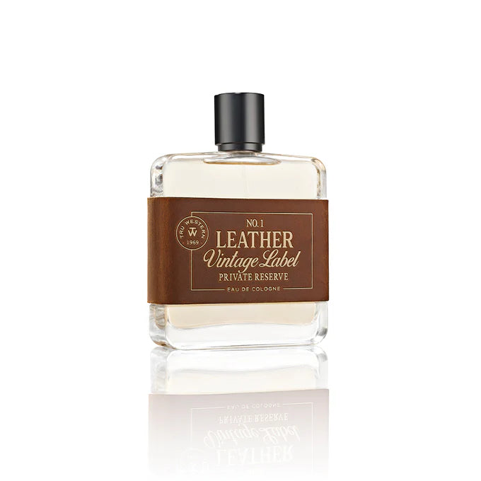 Tru Western Leather Vintage Private Reserve Label Eau De Cologne 100ml. Cologne bottle with brown label on a white background