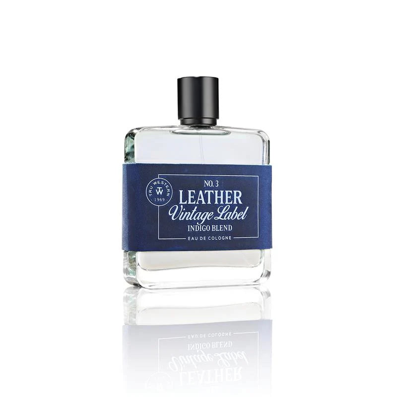 Tru Western Leather Vintage #3 Indigo Blend Label Eau De Cologne 100ml. Cologne bottle with blue label on a white background