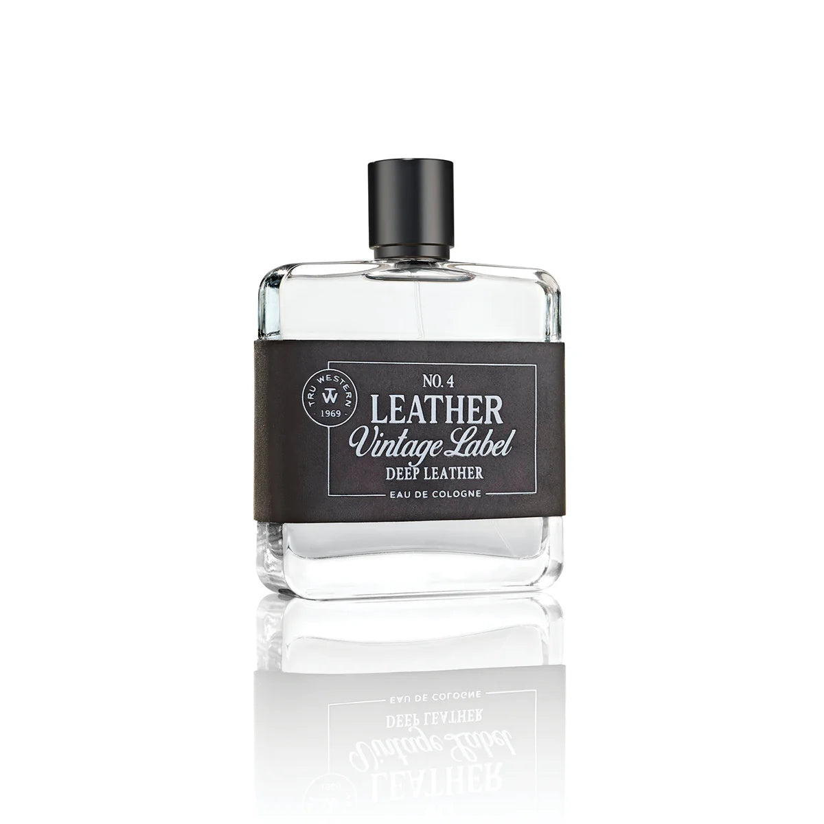 Tru Western Leather Vintage #4 Deep Leather Label Eau De Cologne 100ml. Perfume bottle labeled 'Leather Vintage Label' on a white background