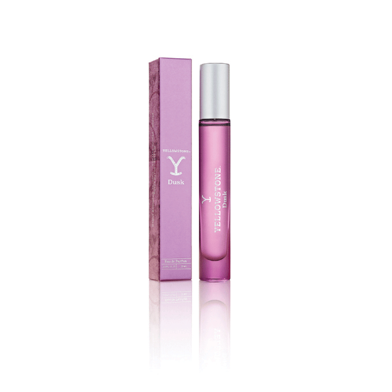 Pink perfume bottle and packaging on a white background