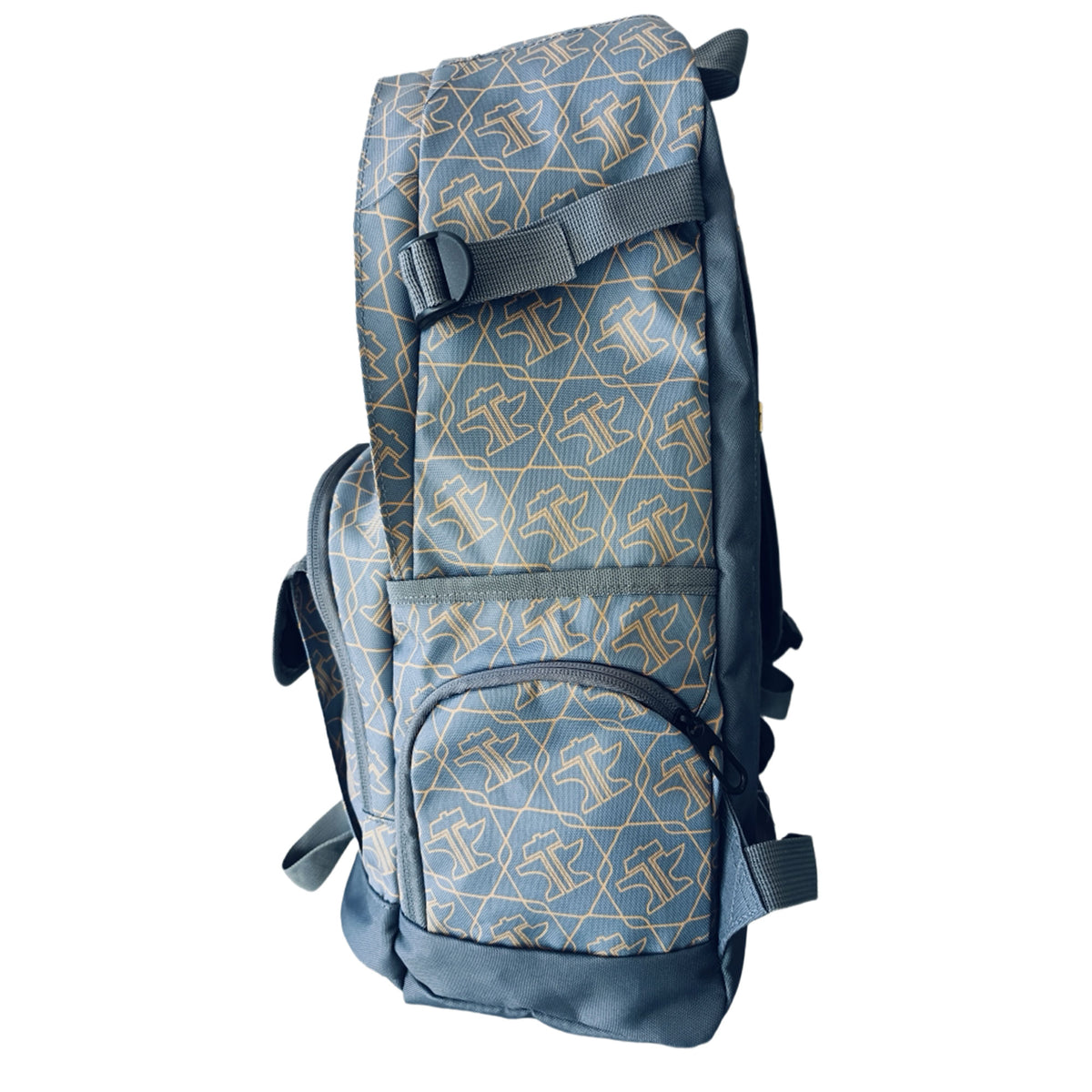 Tin Haul Backpack. Blue backpack with geometric pattern on a white background