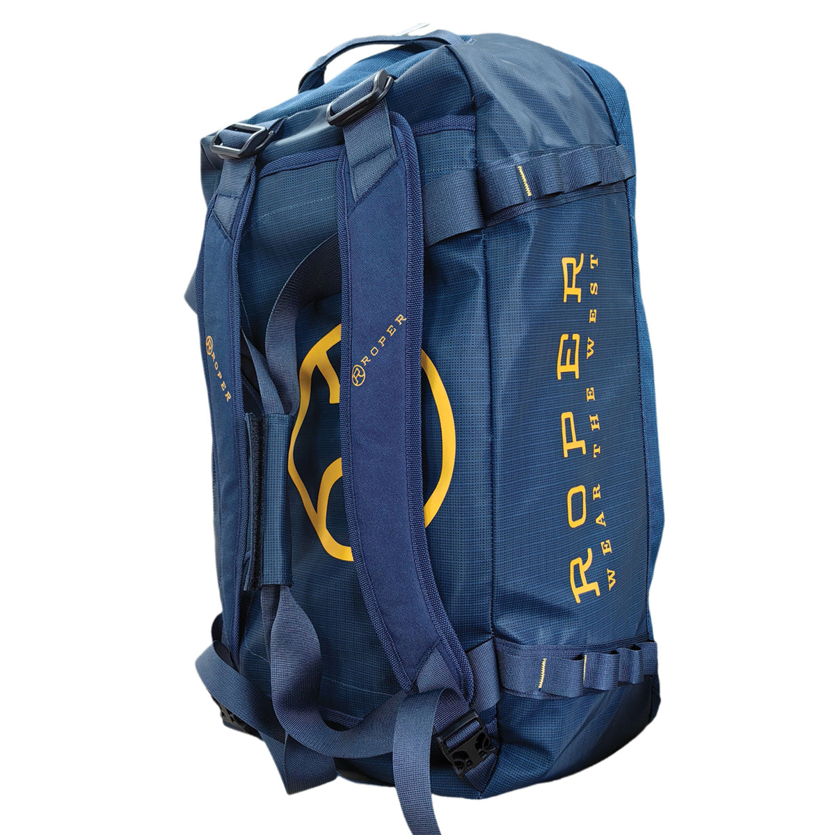 Roper Duffle Backpack. Blue backpack with yellow branding on a white background
