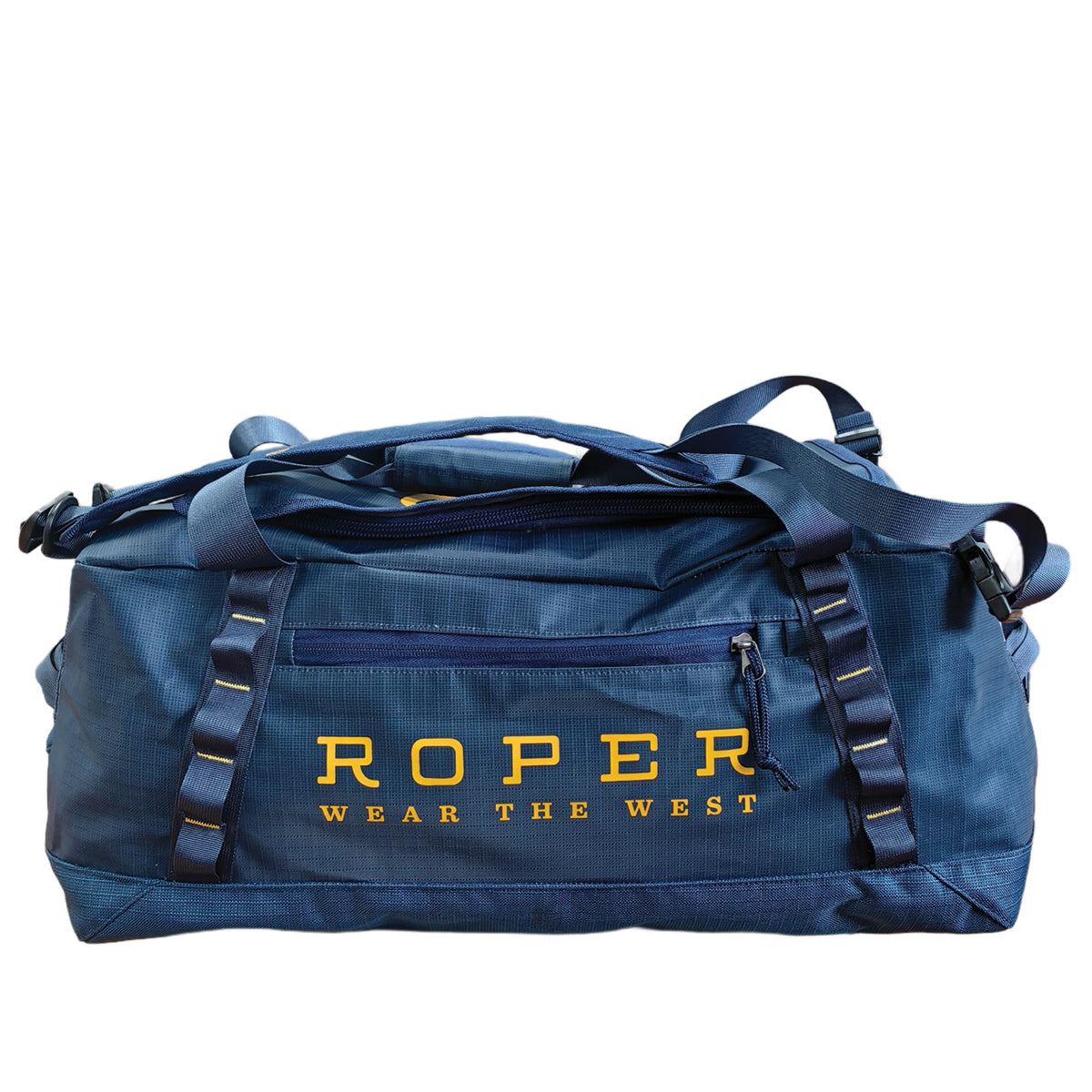 Roper Duffle Backpack. Blue duffel bag with 'Roper' branding on a white background