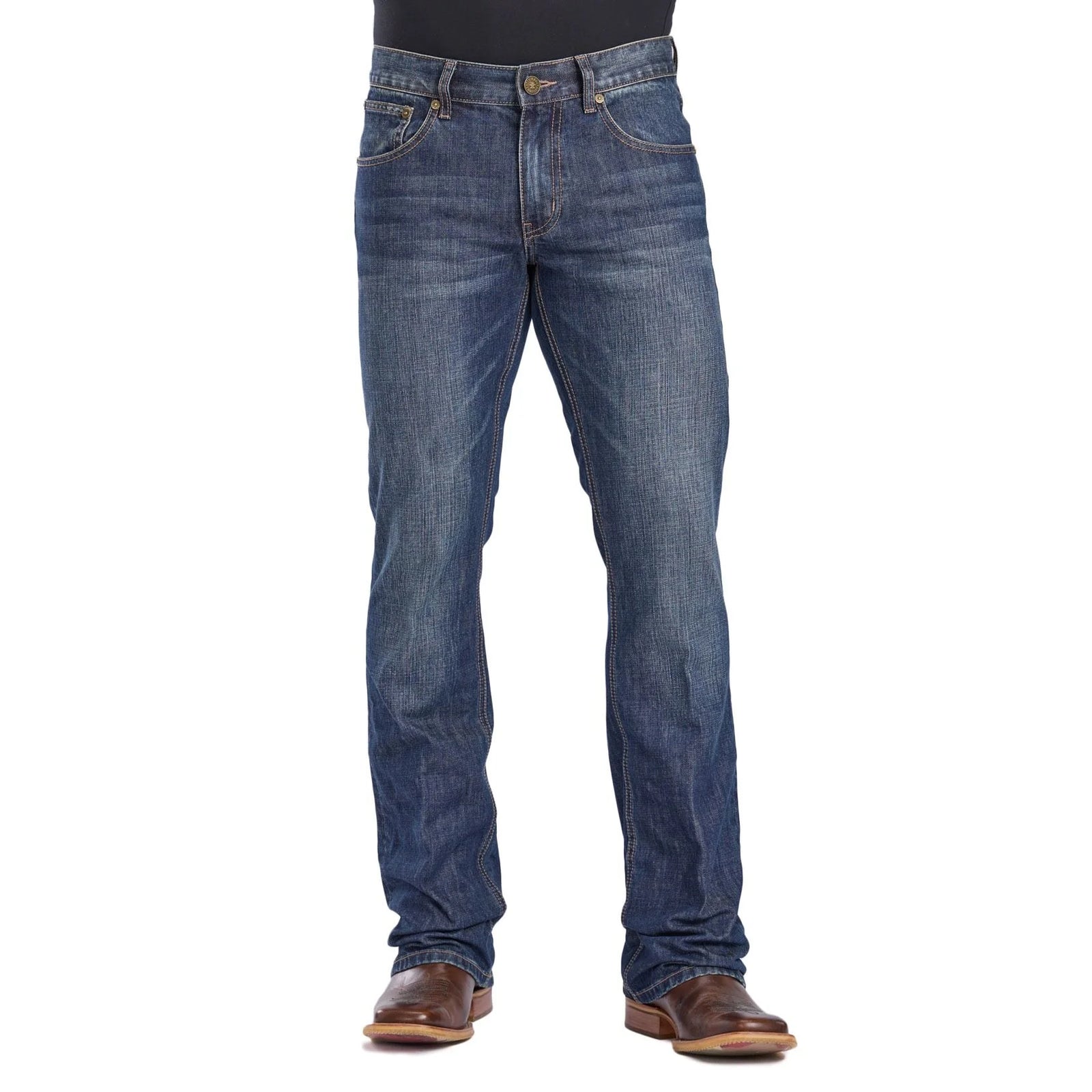 Blue jeans worn by a person on a white background