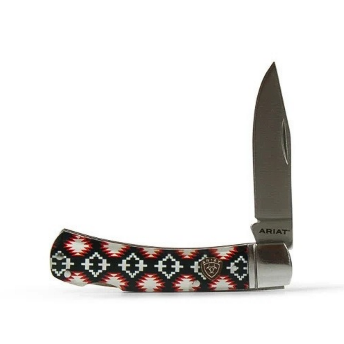 An Ariat folding pocket knife with a black handle featuring a red and white geometric pattern, shown with the blade open against a white background.