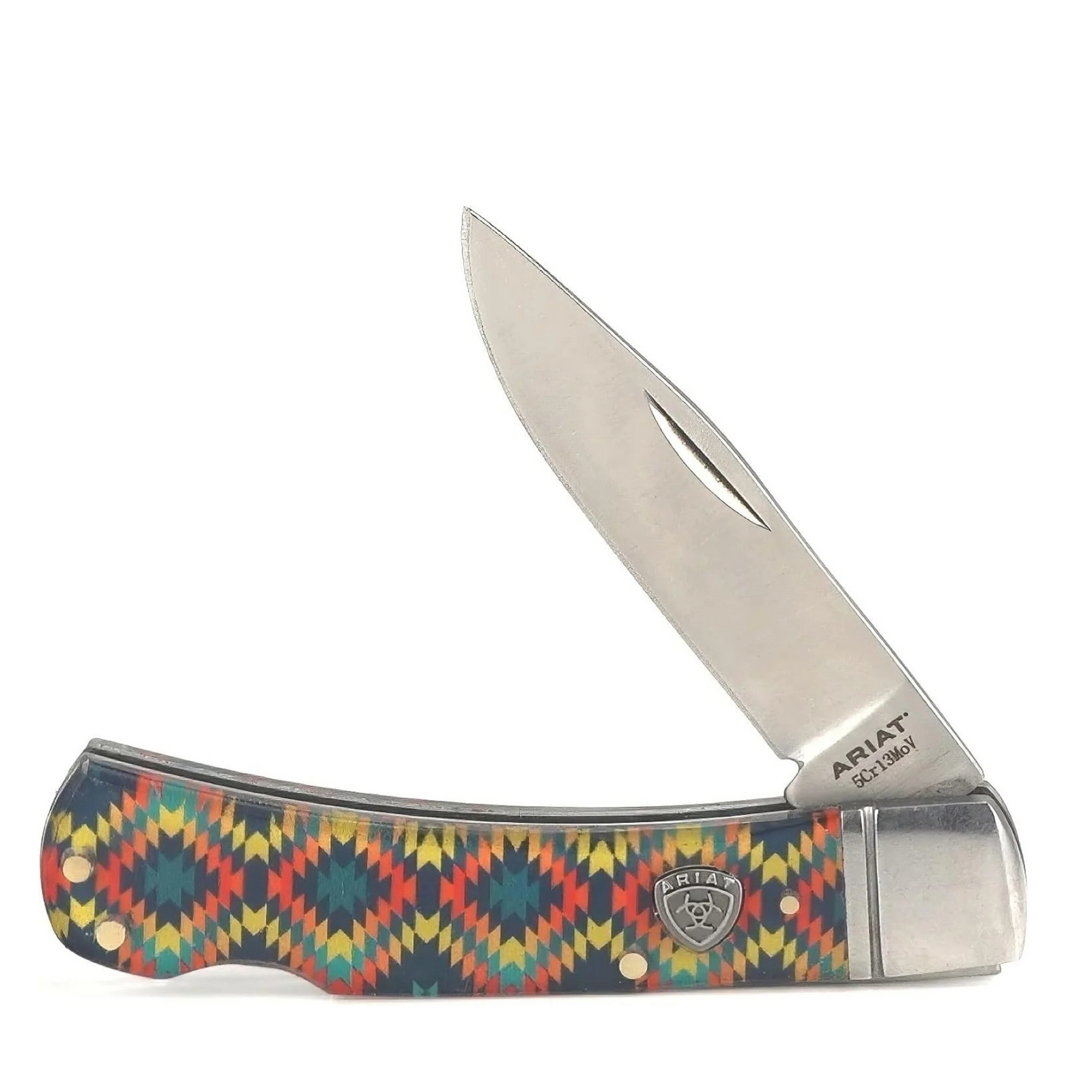 An Aritas folding pocket knife with a silver stainless steel blade and a colorful geometric patterned handle featuring red, yellow, green, and blue.