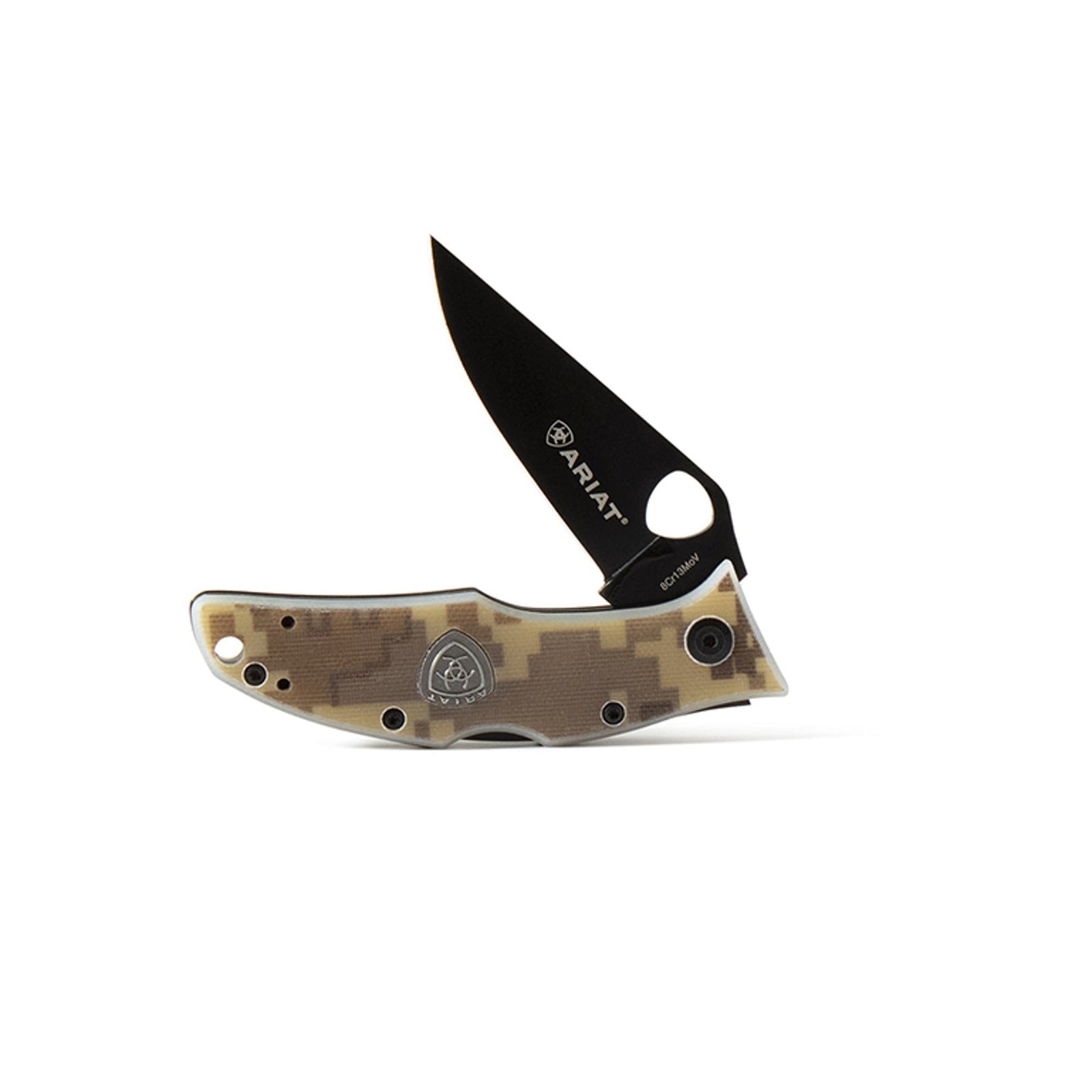Ariat Camo 2.5" Plain Blade Pocket Knife. A folded pocket knife with a camouflage handle and a black blade, featuring the Ariat logo.