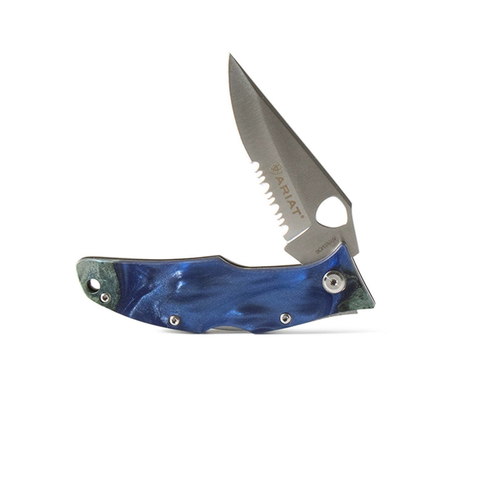 Ariat Multi 3.5"  Hybrid Blade Pocket Knife. A folding pocket knife with a blue and green handle featuring a wood pattern with turquoise resin inlay, and a stainless steel blade with an Ariat shield thumb hole.