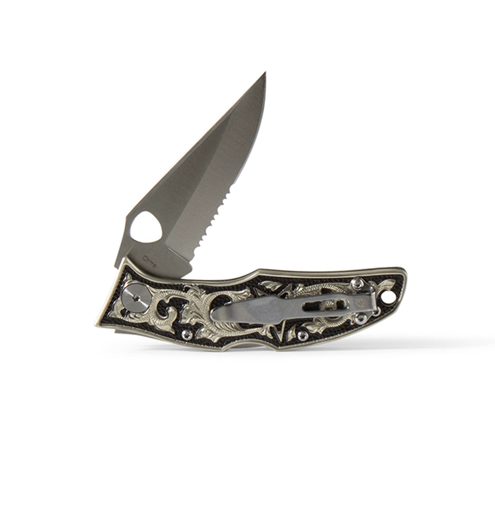 Ariat Hand Engraved 2.5" Hybrid Pocket Knife. A folded pocket knife with a double-sided hand engraved handle and a stainless steel blade.