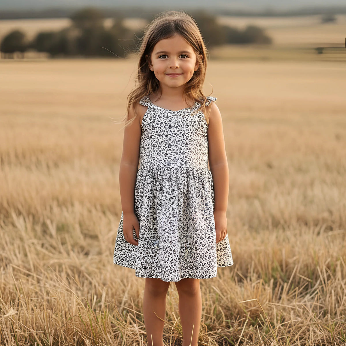 Young girl in a floral dress standing in a field with a scenic background