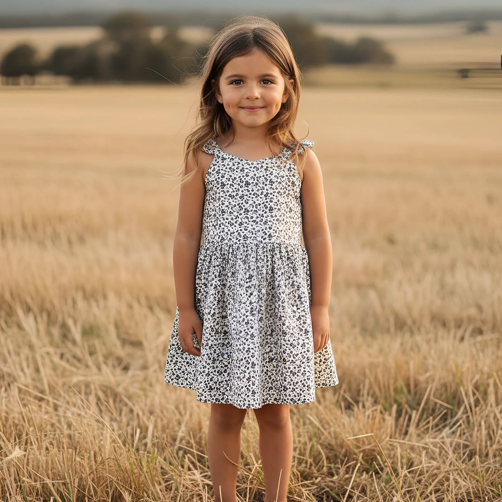 Young girl in a floral dress standing in a field with a scenic background