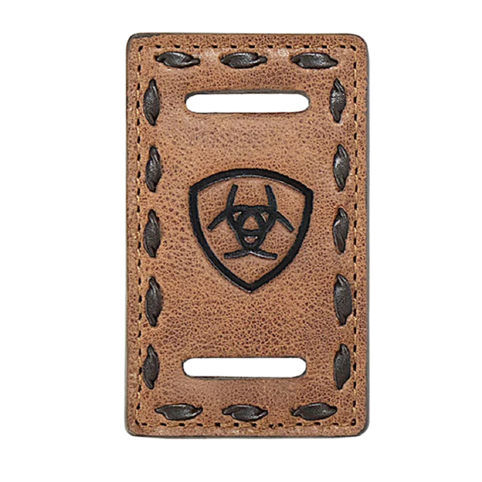 Ariat Women's Scarf Slide. Brown leather cardholder with a central emblem on a white background
