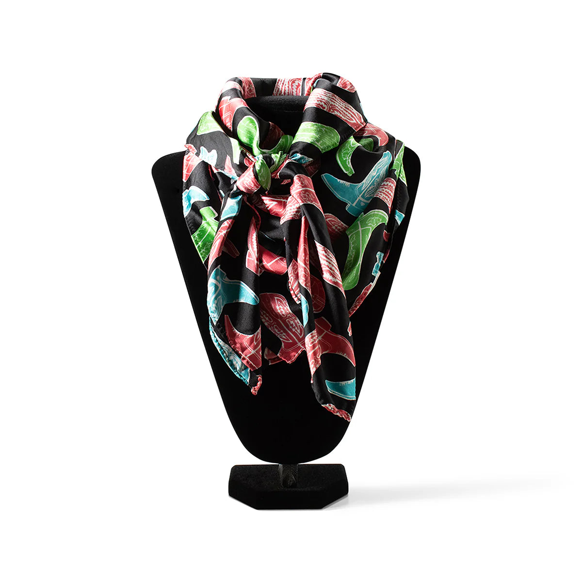 Ariat Cowboy Boots Wild Rag. Colorful scarf on a black stand against a white background