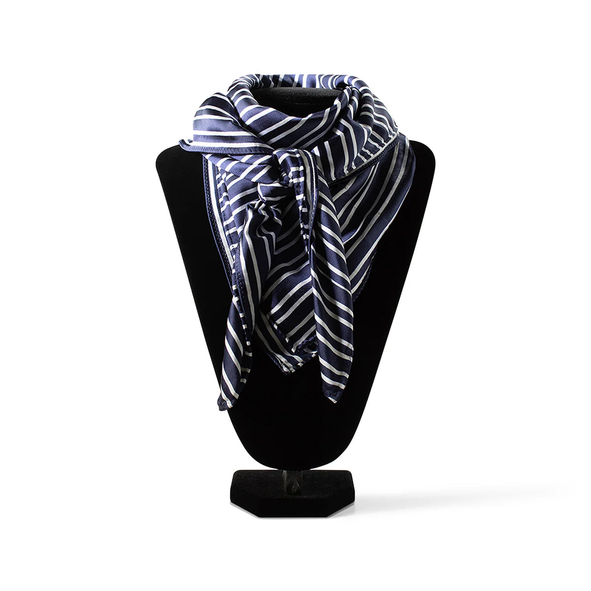 Ariat Navy Striped Wild Rag. Striped scarf on a black mannequin bust against a white background