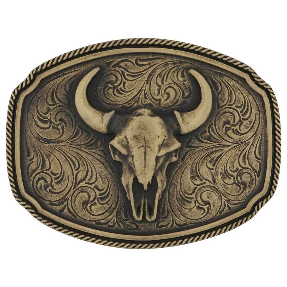 Montana Silversmith Wild Ambition Buckle. Bull skull belt buckle with intricate designs on a white background