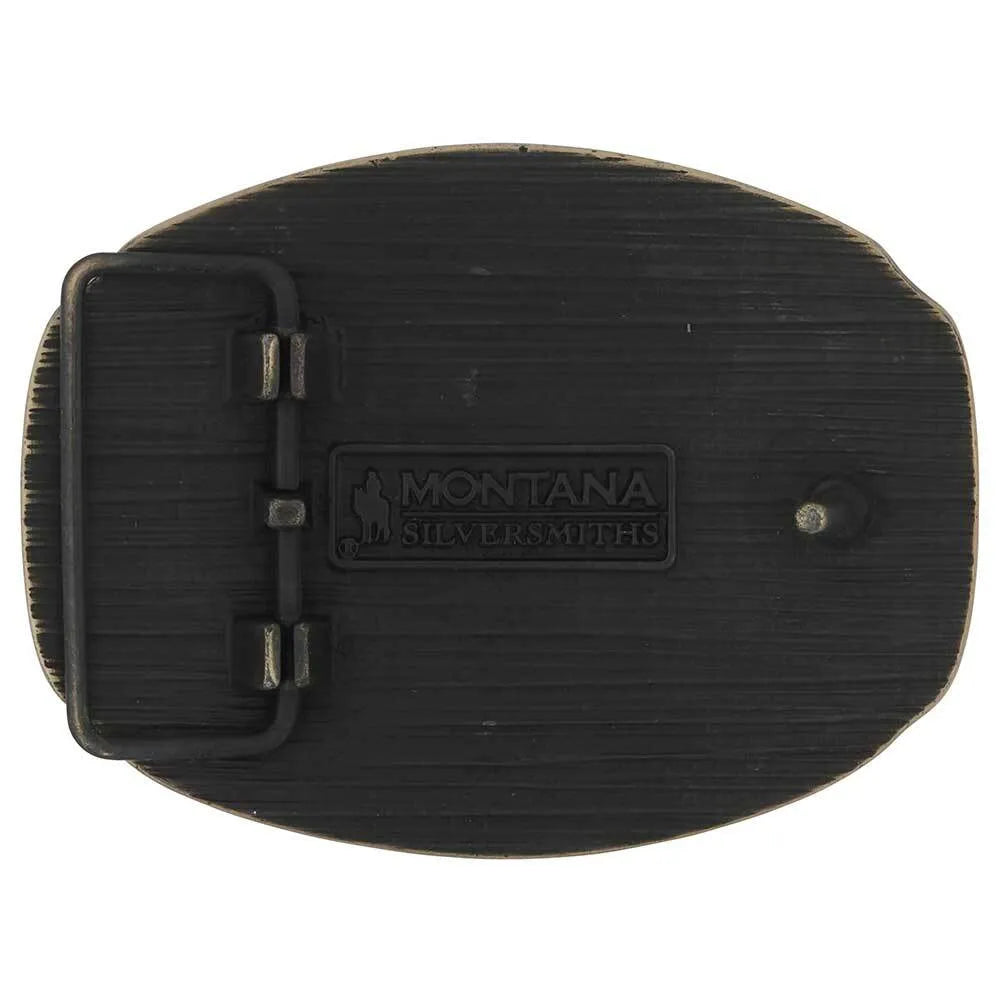 Montana Silversmith Wild Ambition Buckle. Black belt buckle with 'Montana Silversmiths' logo on a white background