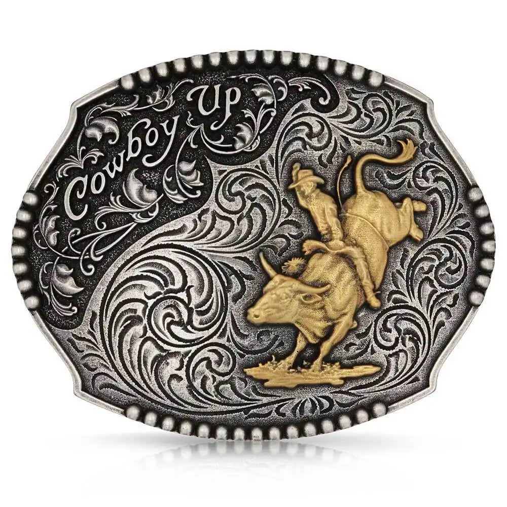 Belt buckle with cowboy design and 'Cowboy Up' text on a white background