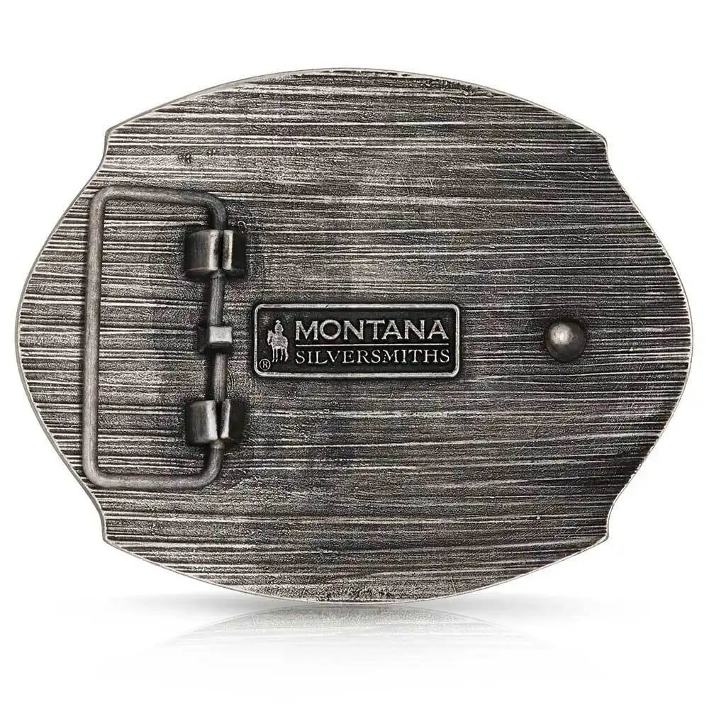 Metallic belt buckle with 'Montana Silversmiths' logo on a white background