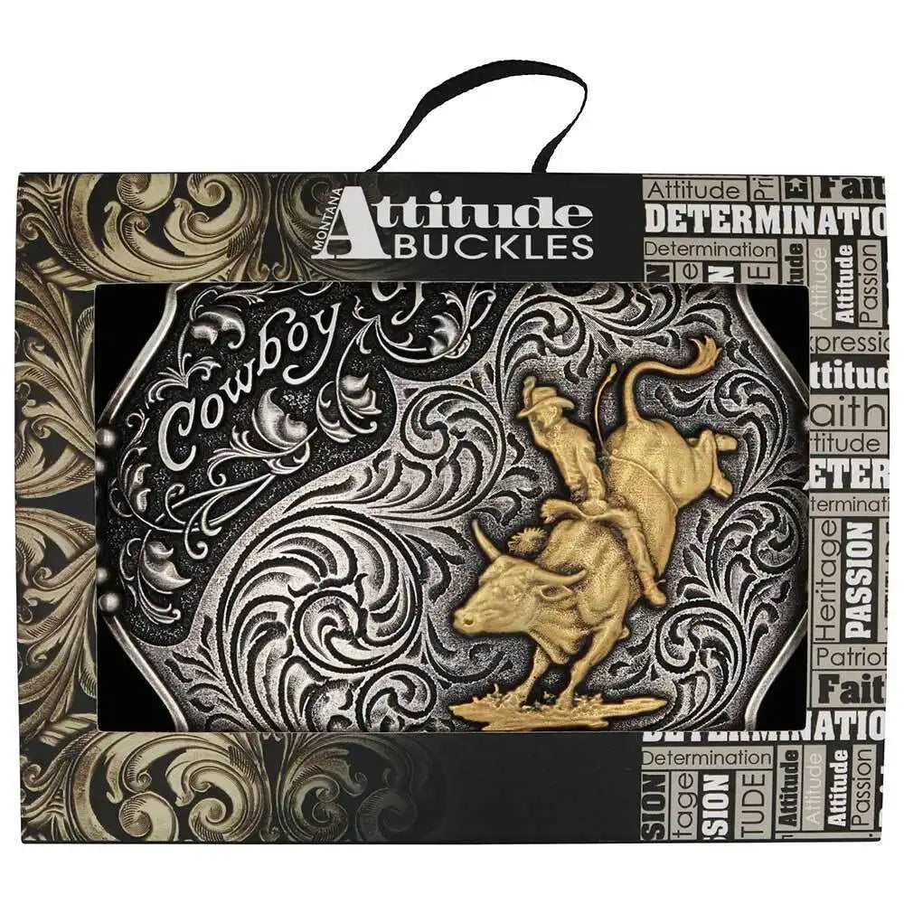 Attitude Buckles packaging with cowboy design and text on a white background