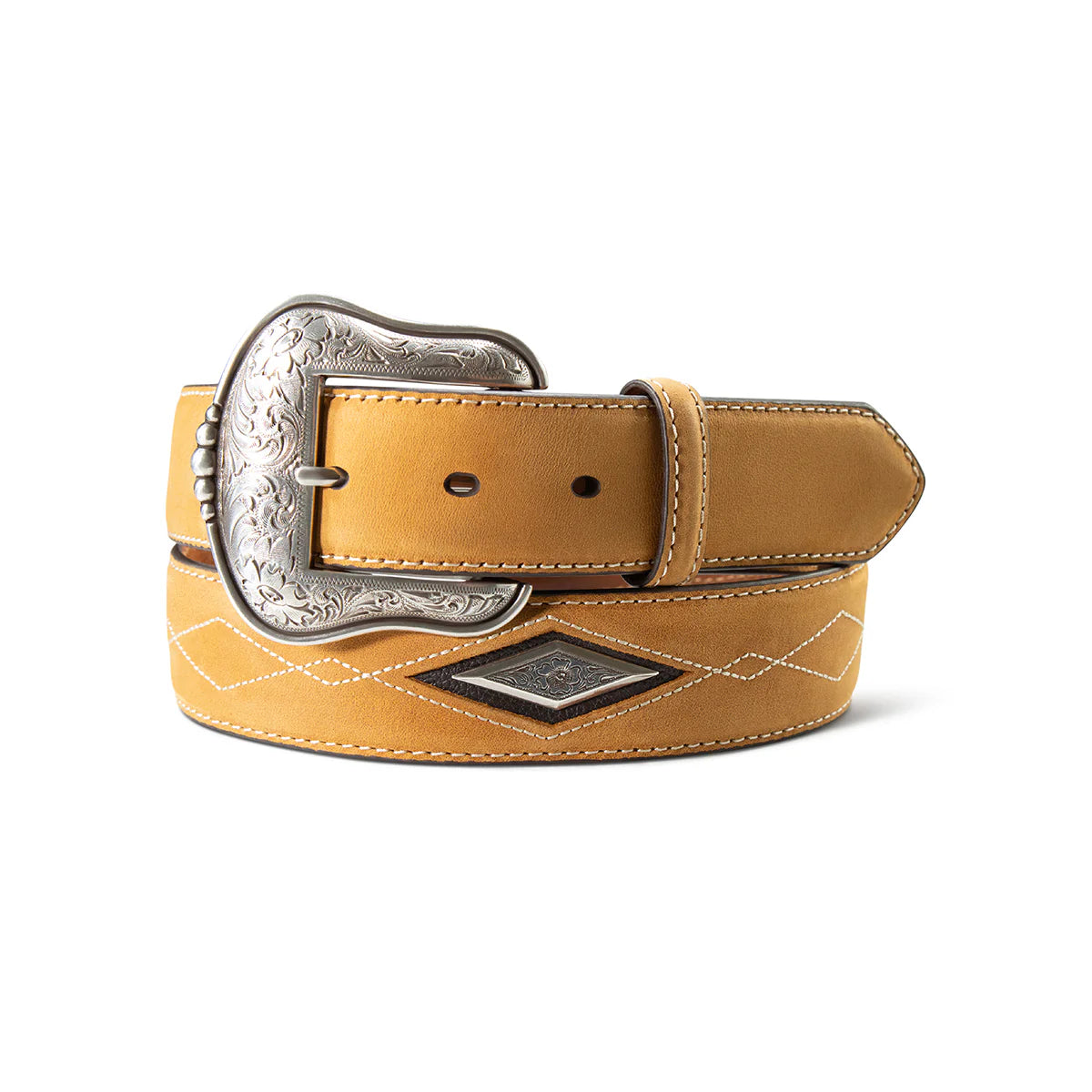 Tan leather belt with silver buckle on a white background