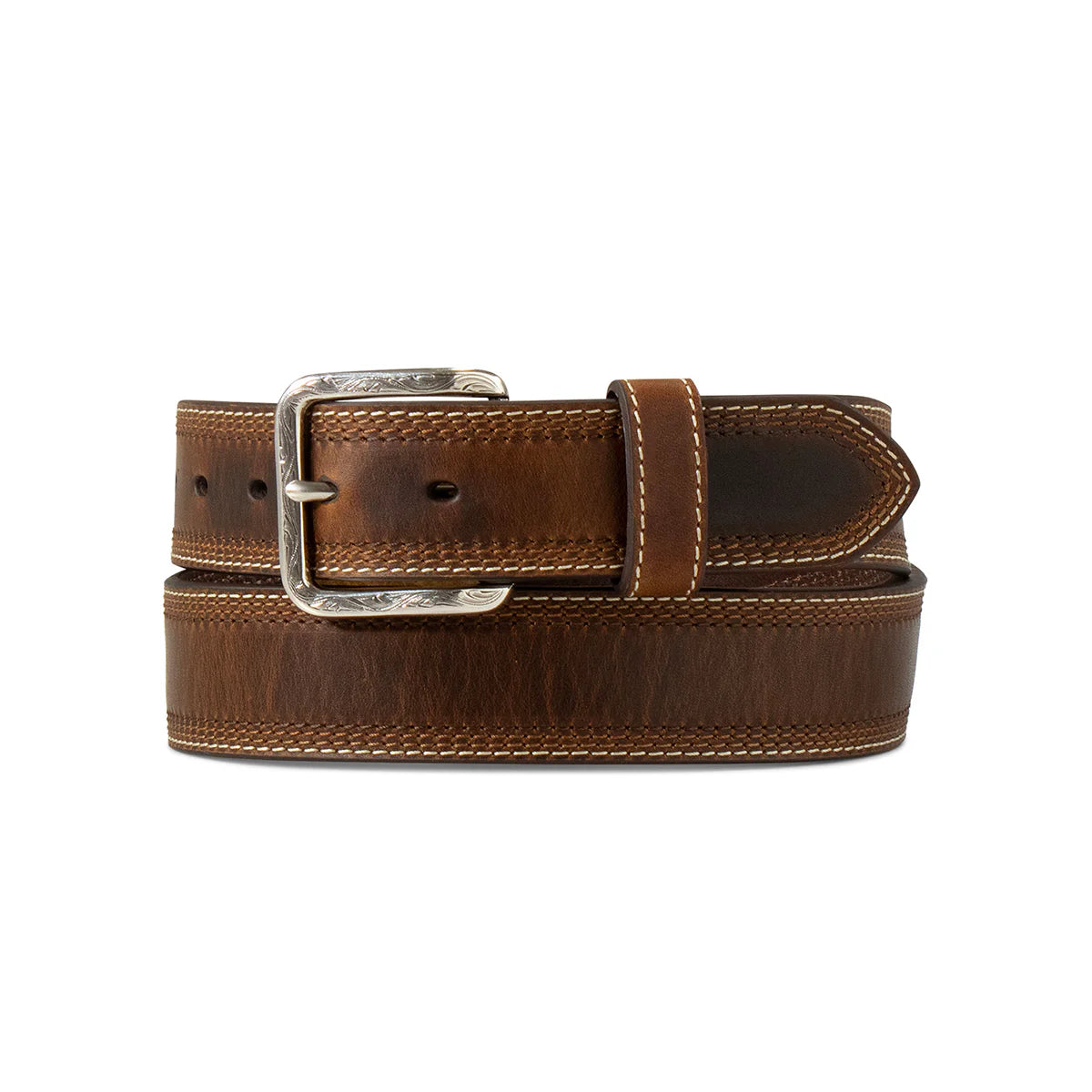 Brown leather belt with silver buckle on a white background