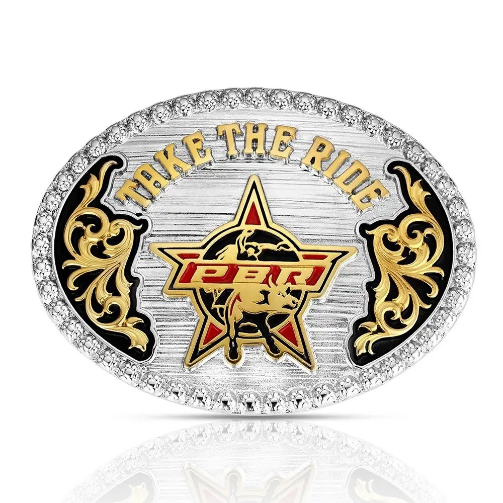 Belt buckle with star design and 'Take the Ride' text on a white background