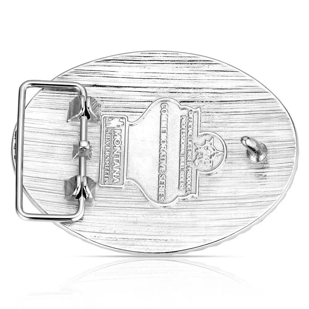 Silver belt buckle with engraved design on a white background