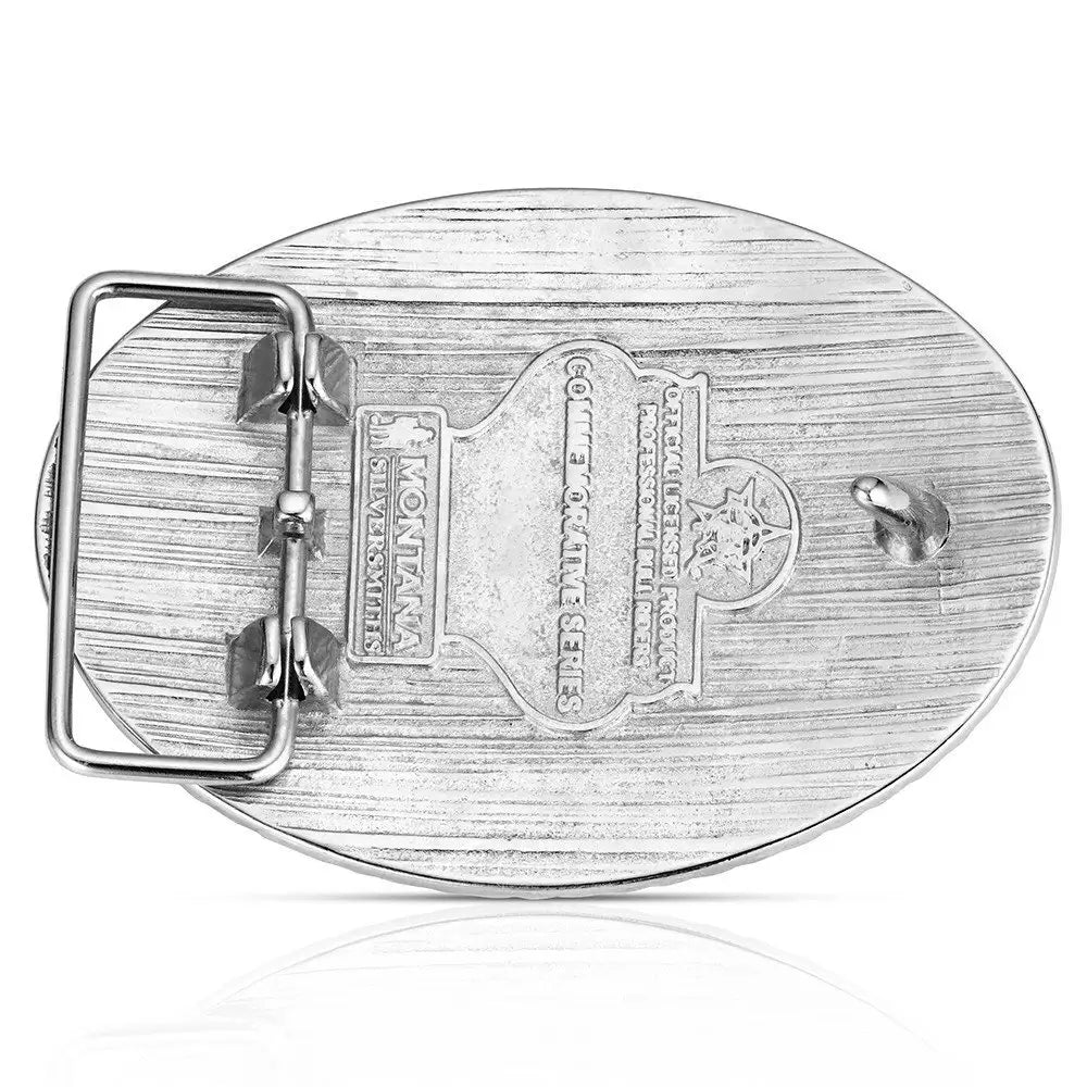 Belt buckle with engraved design on a white background