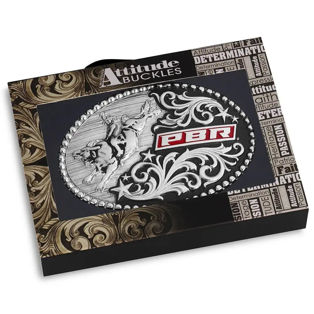PBR belt buckle on a decorative box with 'Attitude Buckles' branding.