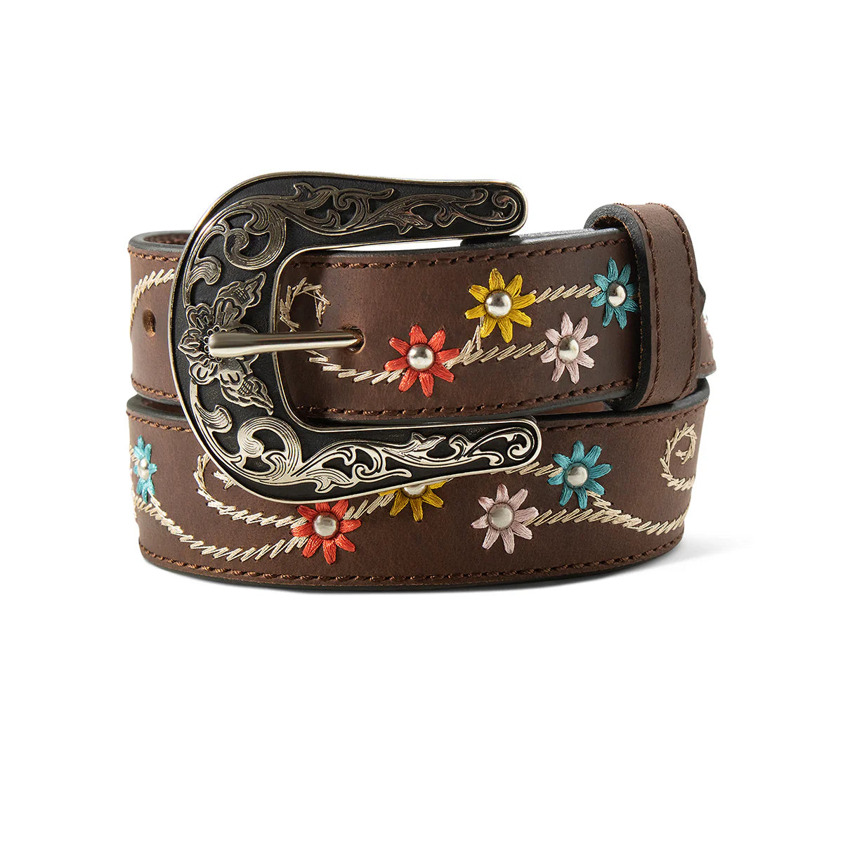 Brown belt with floral embroidery and decorative buckle on a white background