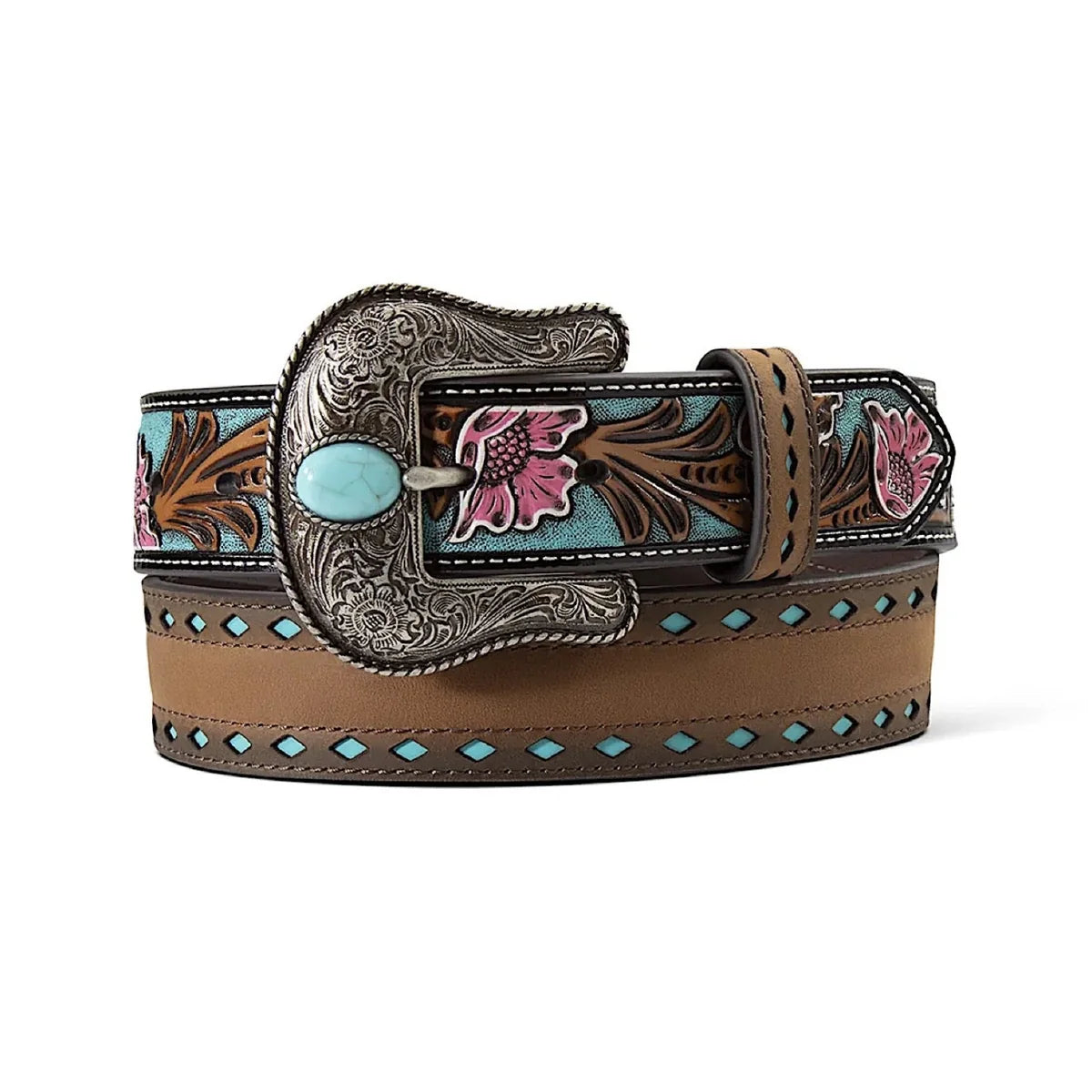 A western-style leather belt with a brown base, turquoise inlay, floral tooled details, and a large engraved silver buckle with a turquoise stone.