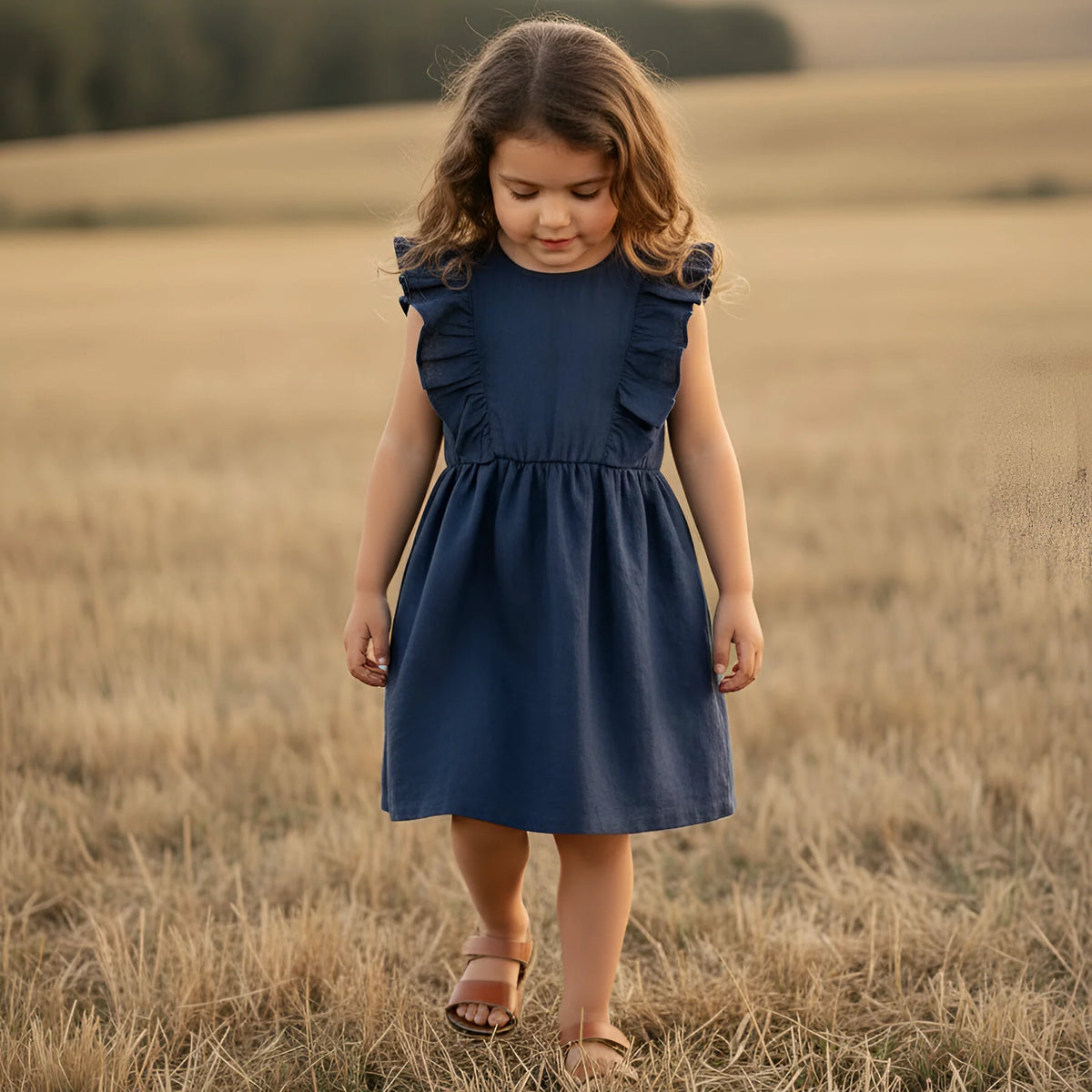 Young girl in a blue dress standing in a field during sunset.