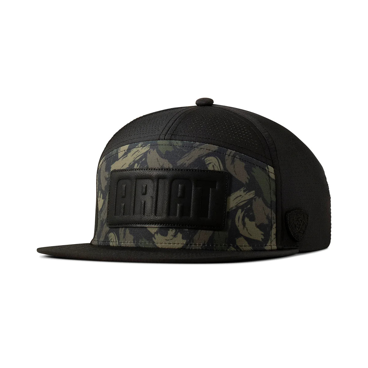 Ariat Men's Brushstroke Snap Back Cap. Black cap with camouflage pattern and brand logo on a white background