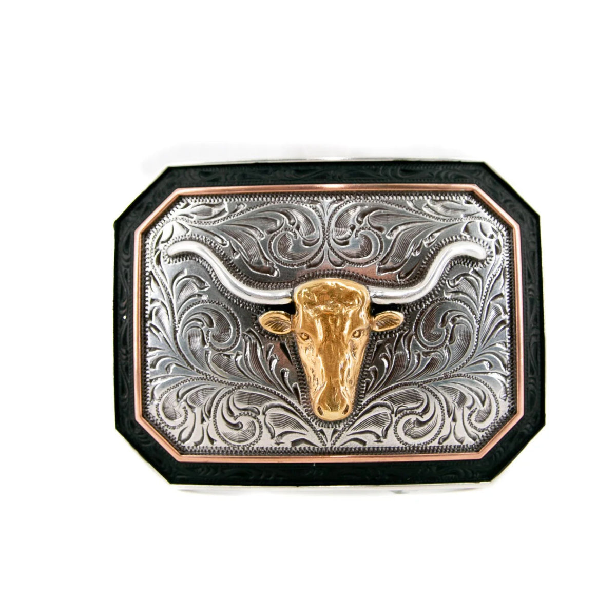 Belt buckle with longhorn bull design on a white background