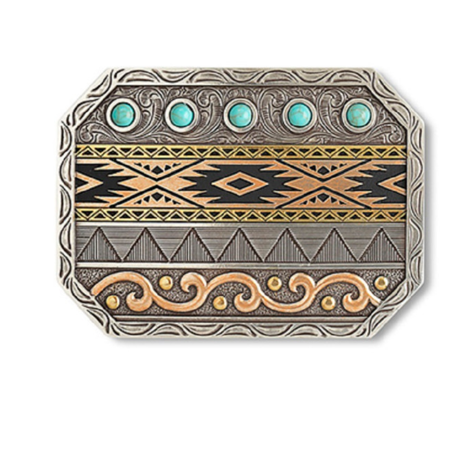 Decorative belt buckle with geometric patterns and turquoise stones on a white background