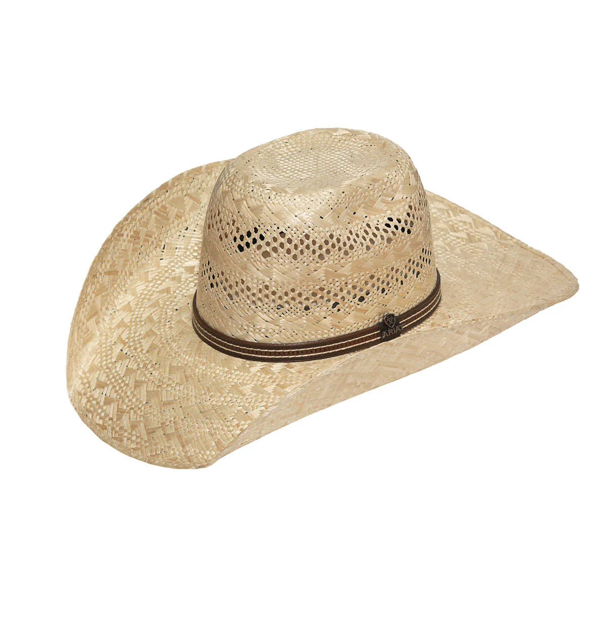 Beige straw cowboy hat with a brown band on a white background