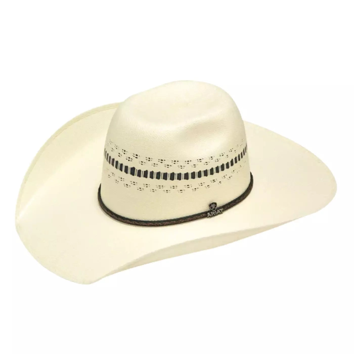 Ariat Bangora 4 1/2" Brim Straw Cowboy Hat. Beige cowboy hat with a black band on a white background
