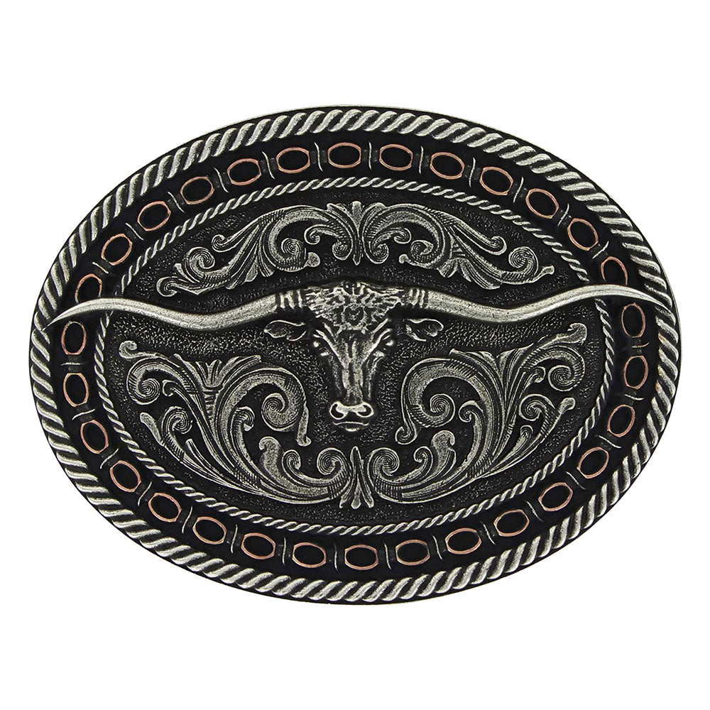Montana Silversmith Two Tone Antiqued Attitude Buckle. Decorative belt buckle with bull design on a white background