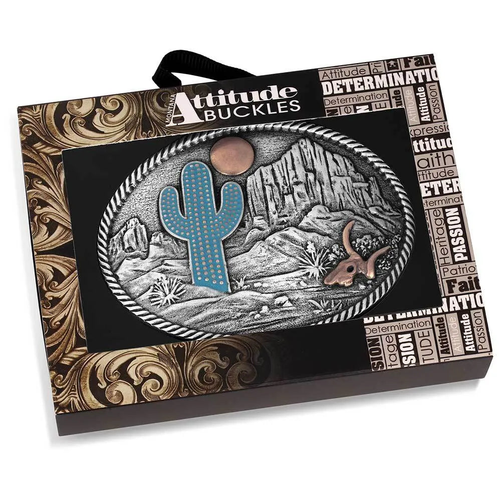 Belt buckle with cactus design on a branded box
