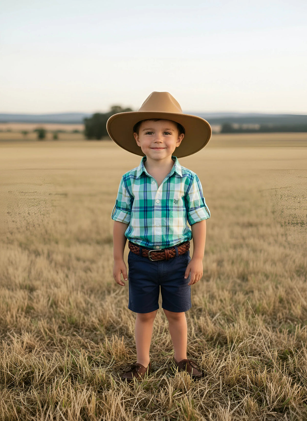 A young boy stands in a dry grass field wearing a tan cowboy hat, a green and white plaid short-sleeve button-up shirt, navy blue shorts, and a brown patterned belt.